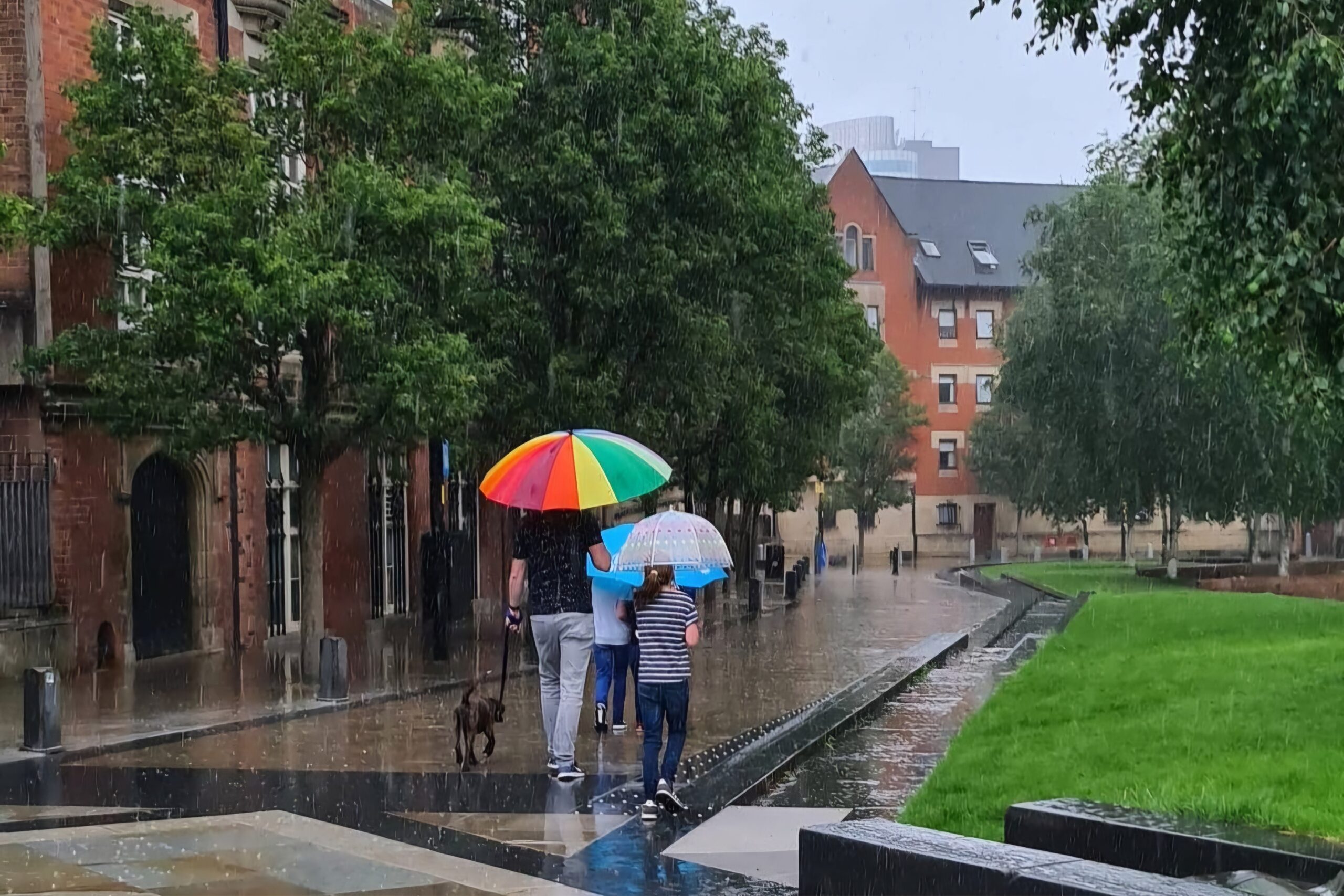 Dave and the kids walking in heavy rain in Manchester